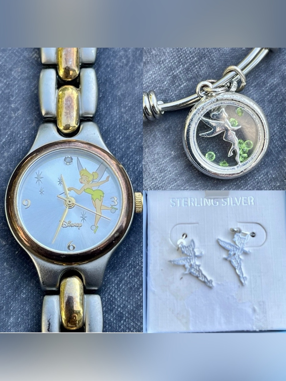 Disney Tinker Bell Jewelry Lot Watch Bracelet Sterling Silver Earrings